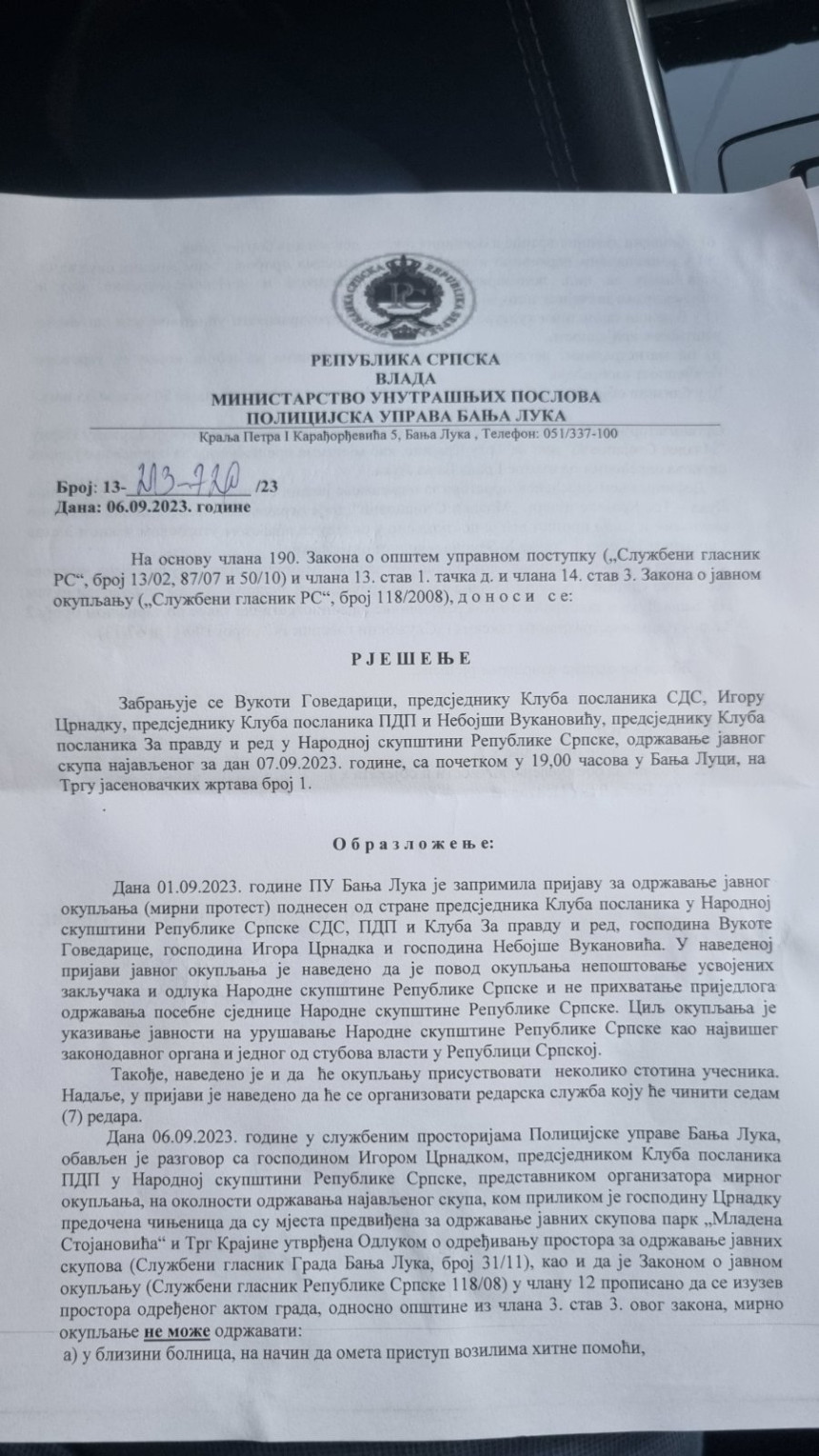 MUP Srpske zabranio opoziciji "Skupštinu na otvorenom"