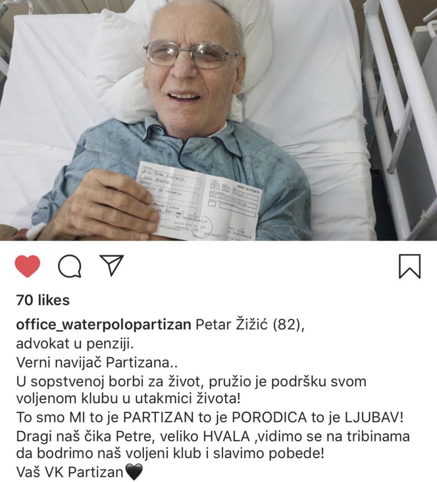 Navijači uz VK Partizan: Uplata iz bolničkog kreveta!