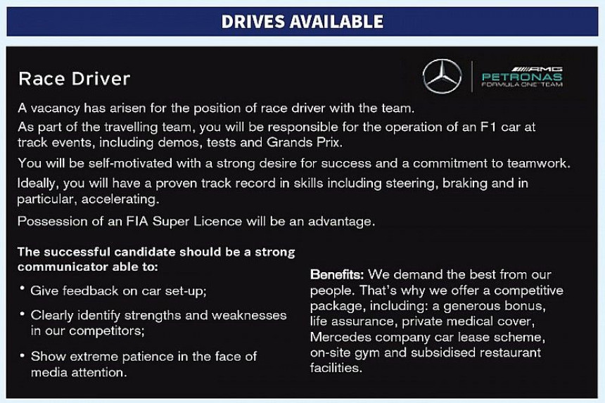 Hoćete da vozite F1?! Pa, probajte u Mercedesu - traže vozača!