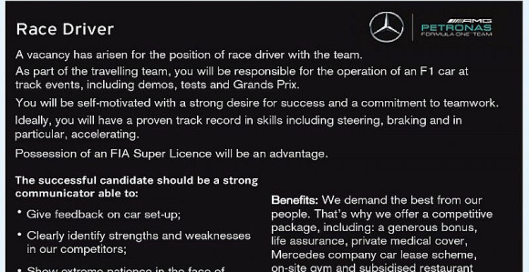 Hoćete da vozite F1?! Pa, probajte u Mercedesu - traže vozača!