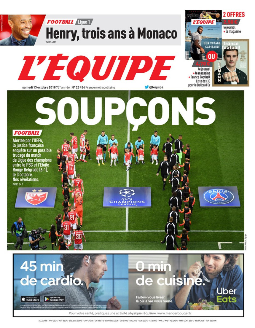 Zvezda i na naslovnici L'Ekipa: "Sumnjivo"!