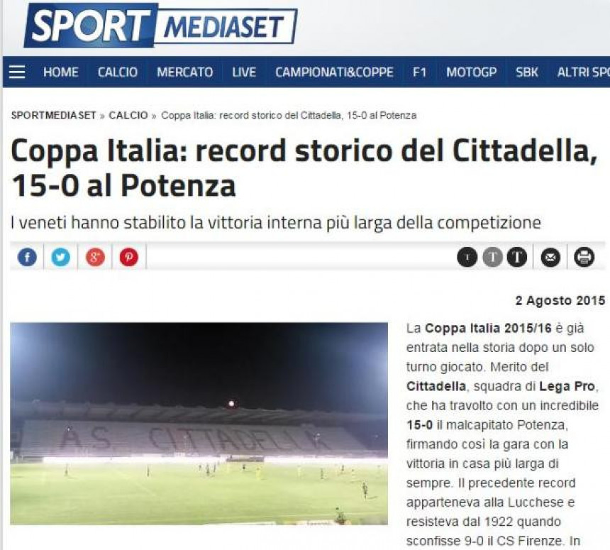 Рекорд италијанског Купа: Читадела - Потенца 15:0!