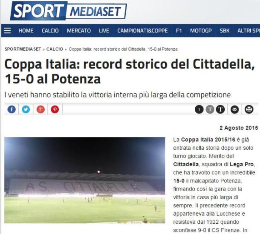Рекорд италијанског Купа: Читадела - Потенца 15:0!