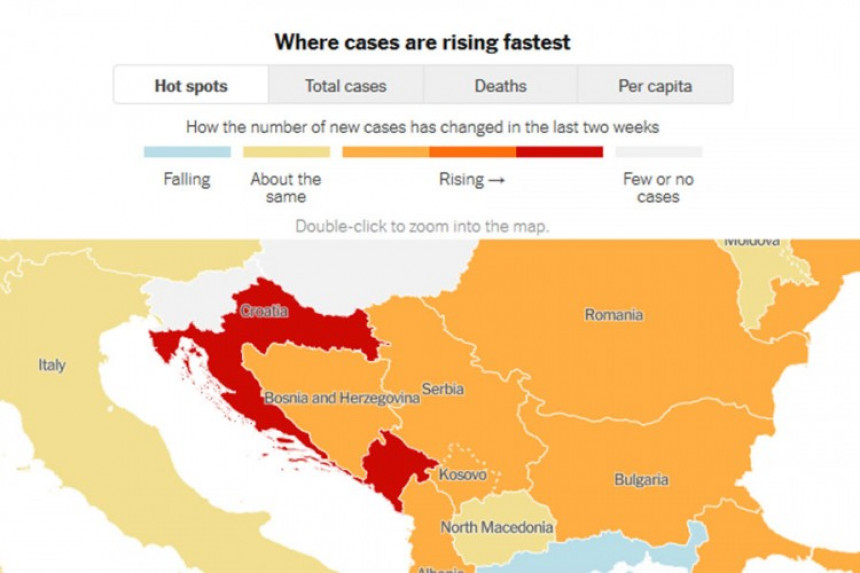 Hrvatska i Crna Gora- Najveći rast zaraženih u Evropi