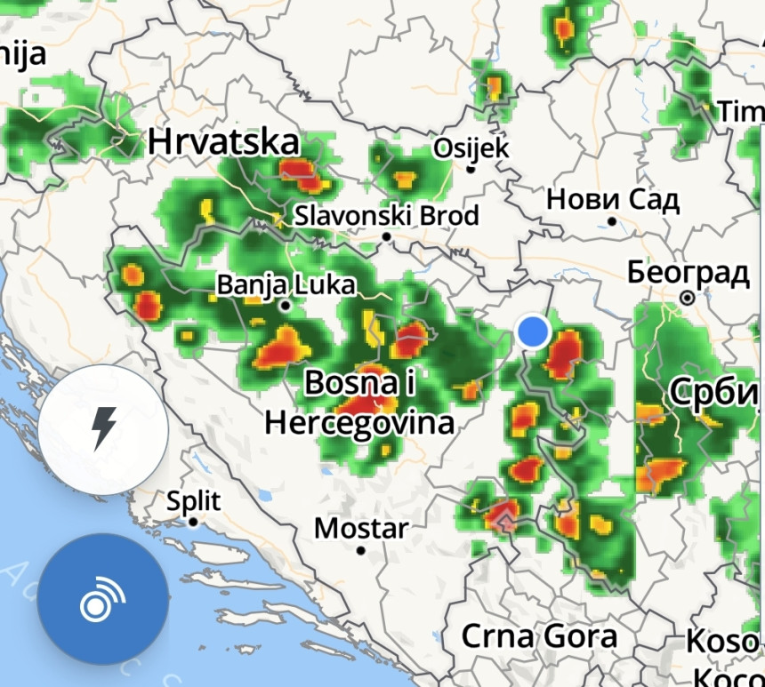 Radarska slika: Lokalni pljuskovi i nepogode