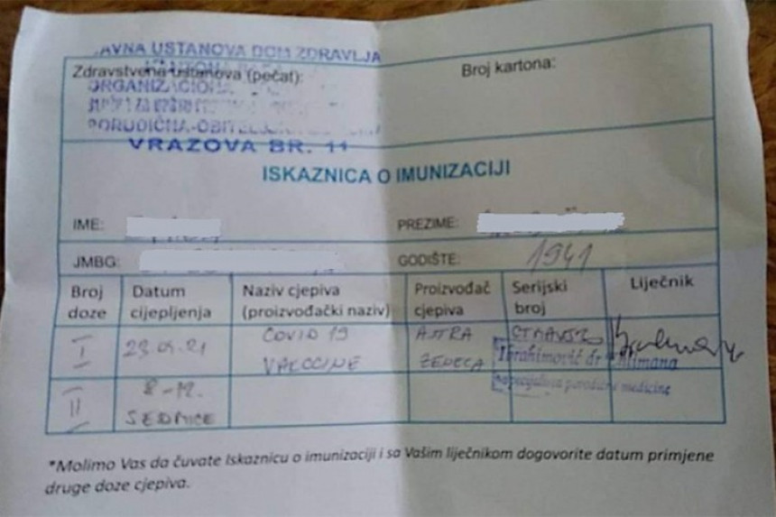 Izdaju potvrde o vakcinaciji koje liče na nota račun