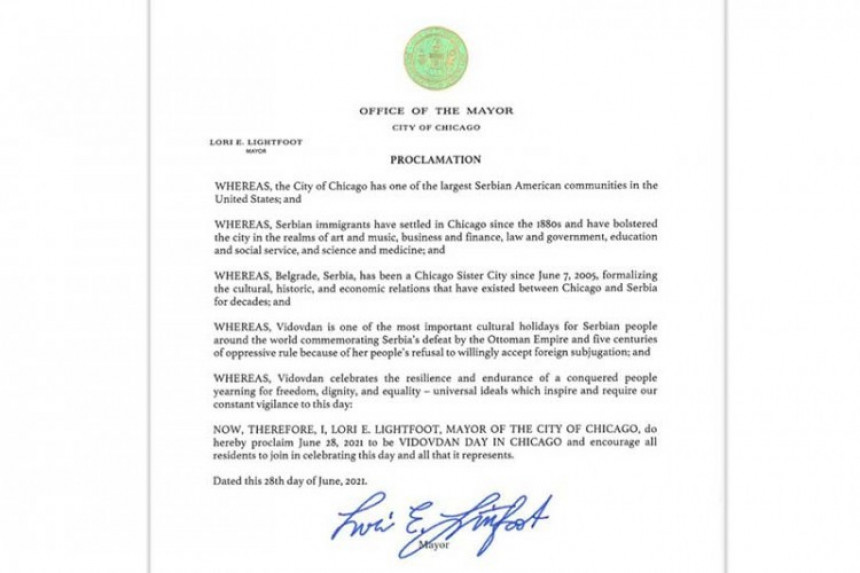 Gradonačelnica Čikaga: Vidovdan je praznik grada!