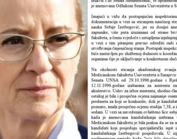 Inspekcija okončala provjeru diplome Sebije Izetbegović