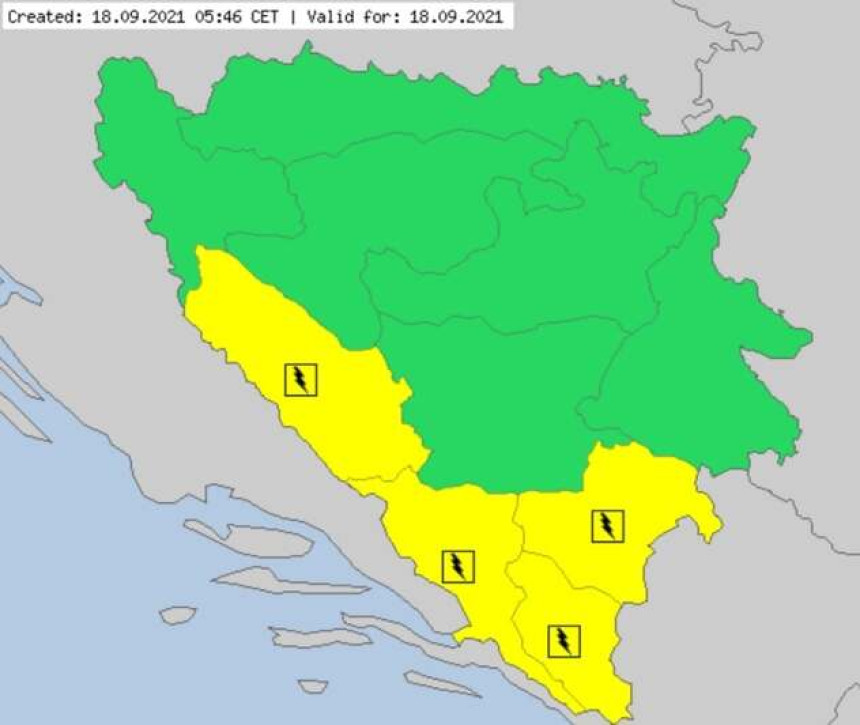 Žuti meteoalarm upaljen u BiH zbog grmljavine