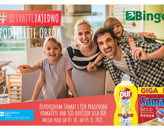 Kupovinom Somat i Pur proizvoda u Bingo trgovinama donirate SOS Dječijim selima BiH