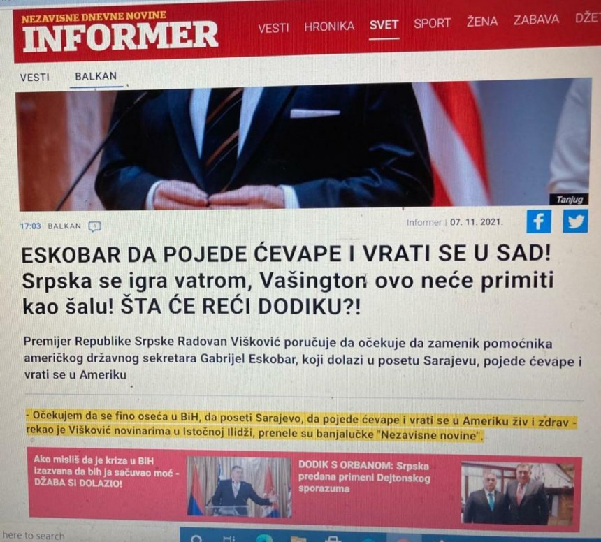 Beogradski mediji: Viškovićeve izjave neodmjerene i štetne za Srpsku