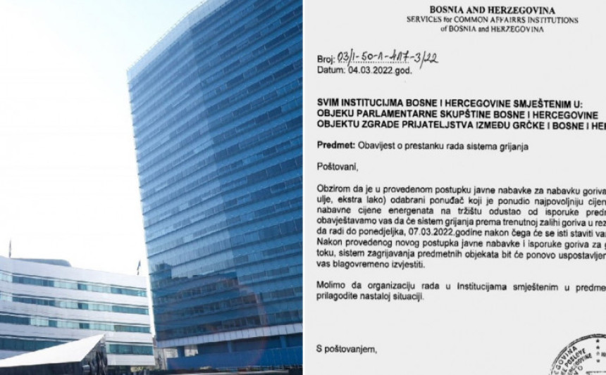 Све државне институције у БиХ остају без гријања