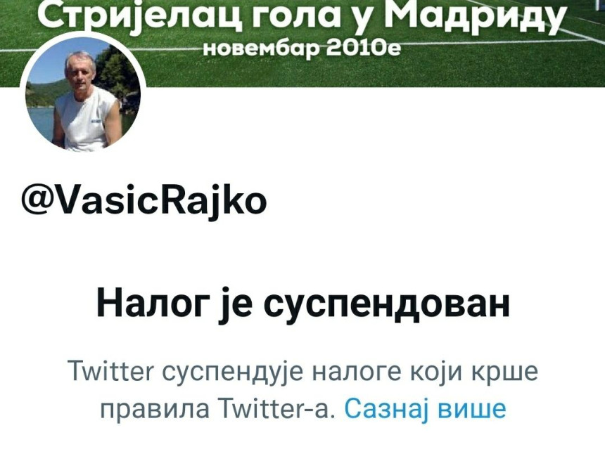 Rajko Vasić ponovo bez tvitera - nalog suspendovan