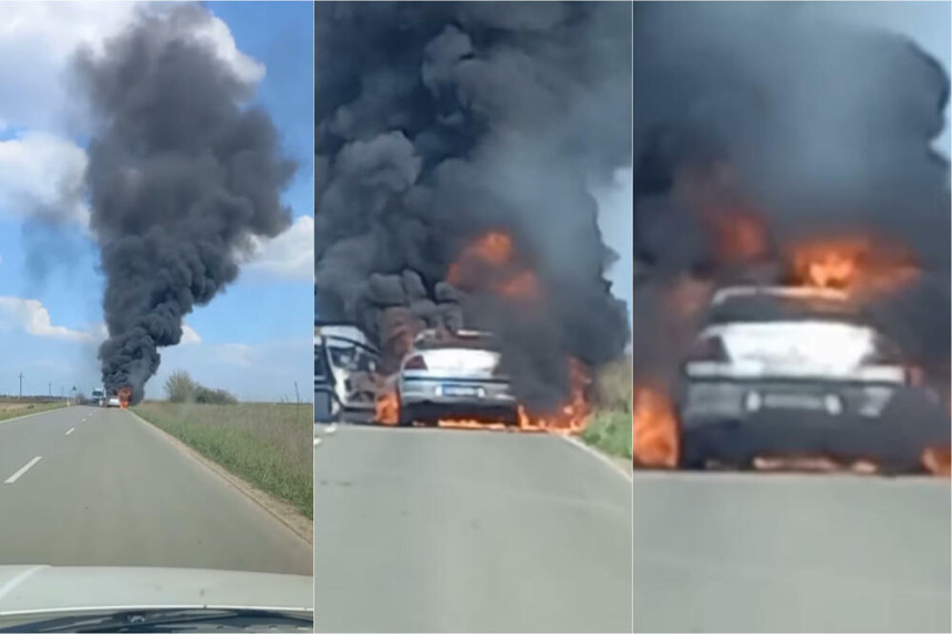 Gori automobil na putu Kovačica - Opovo u Srbiji