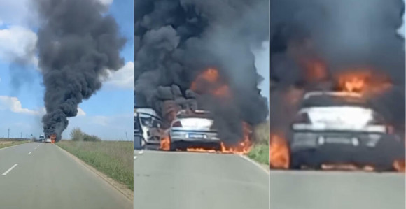 Gori automobil na putu Kovačica - Opovo u Srbiji