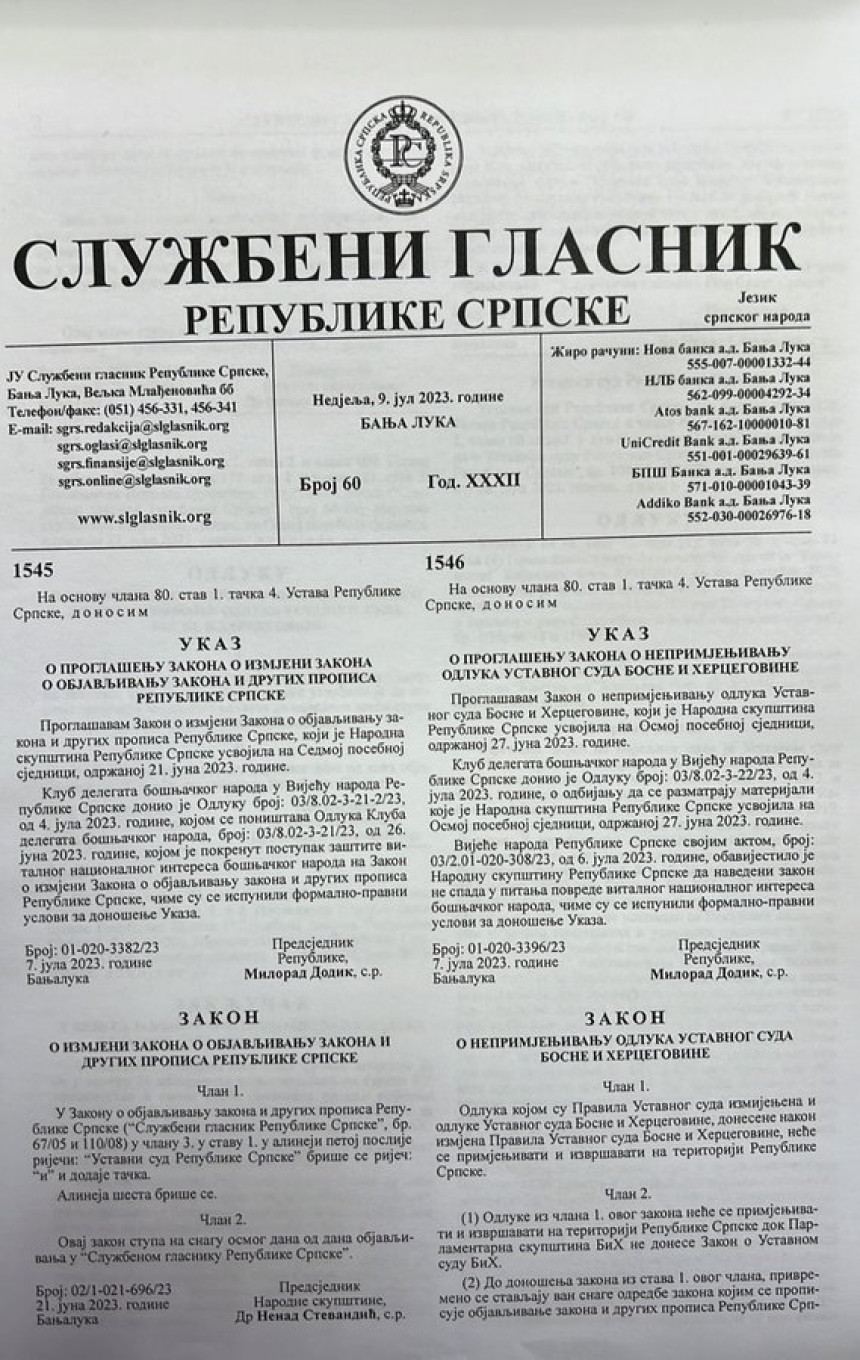 Ukaz predsjednika objavljen u Službenom glasniku