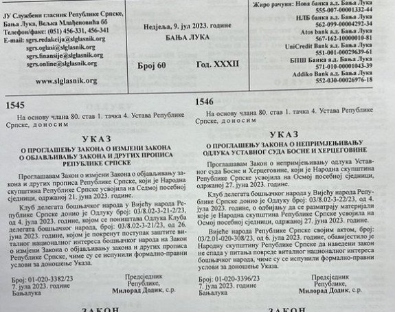 Ukaz predsjednika objavljen u Službenom glasniku