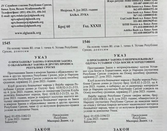 Sporni zakoni objavljeni u Službenom glasniku