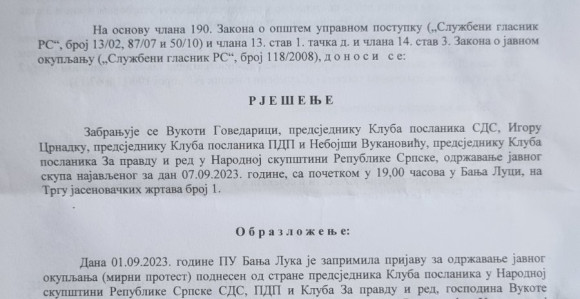 МУП Српске забранио опозицији "Скупштину на отвореном"