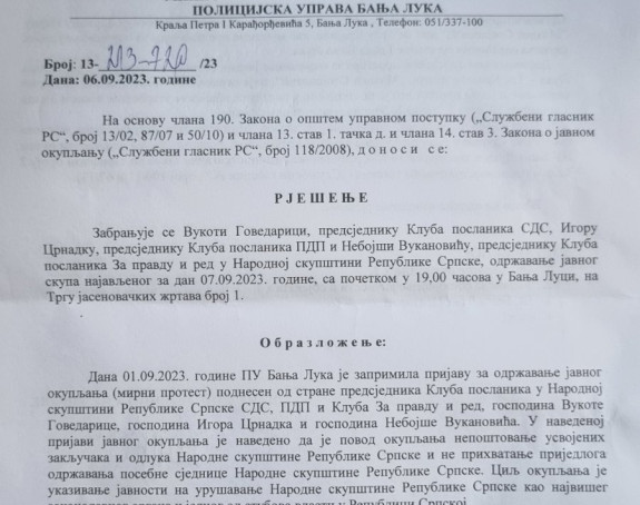 MUP Srpske zabranio opoziciji "Skupštinu na otvorenom"