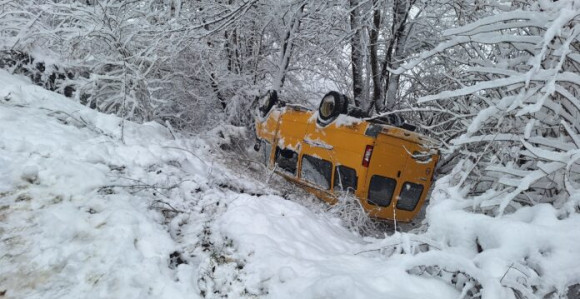 Autobus pun đaka sletio sa puta i prevrnuo se