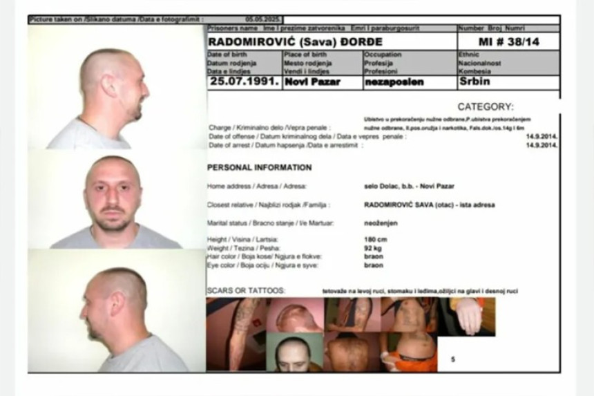 Đorđe Radomirović, osuđeni ubica pobjegao iz zatvora