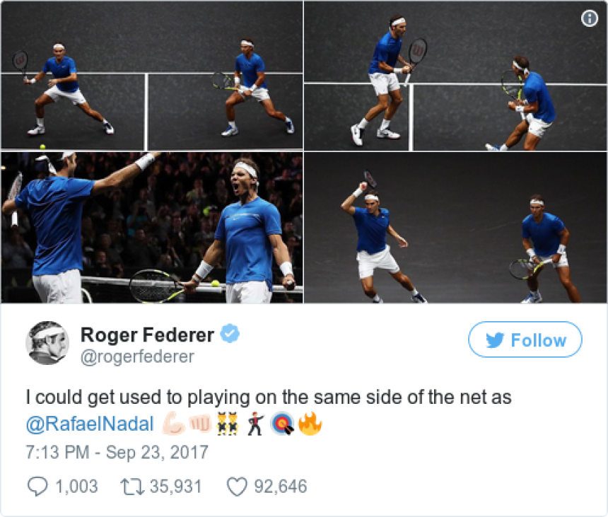 Rodžer: Mogao bih se navići na Rafu sa iste strane!